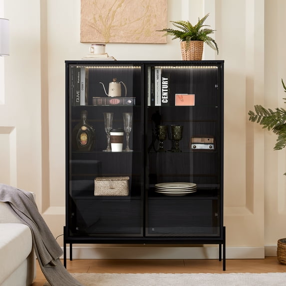 Euroco Modern LED Lighted Glass Display Cabinet with Drawers and Aluminum Frame Doors, 4 Adjustable Glass Shelves, 39.8” Wide Showcase