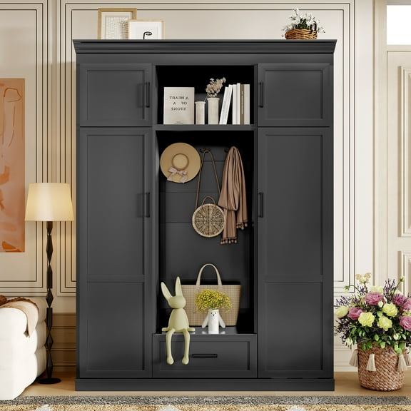 Euroco Modern Large Hall Tree with Hooks, Cabinets, Adjustable Shelves, and Seating Bench