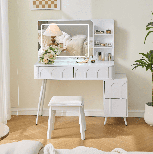 Euroco Modern Makeup Vanity with LED Lighted Mirror & Adjustable Side Cabinet – Fluted Panel Design, Magnetic Drawers, Cushioned Stool