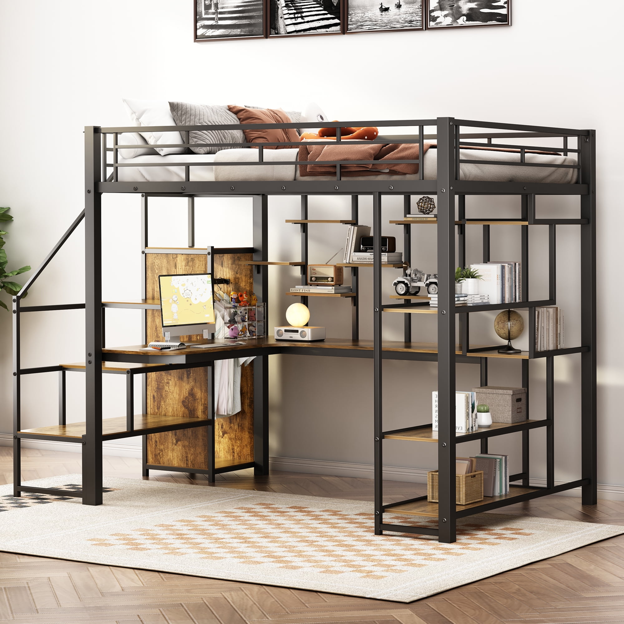 Euroco Modern Metal Full Size Loft Bed with Wardrobe, Desk and Storage Shelves for Kids Teens, Black