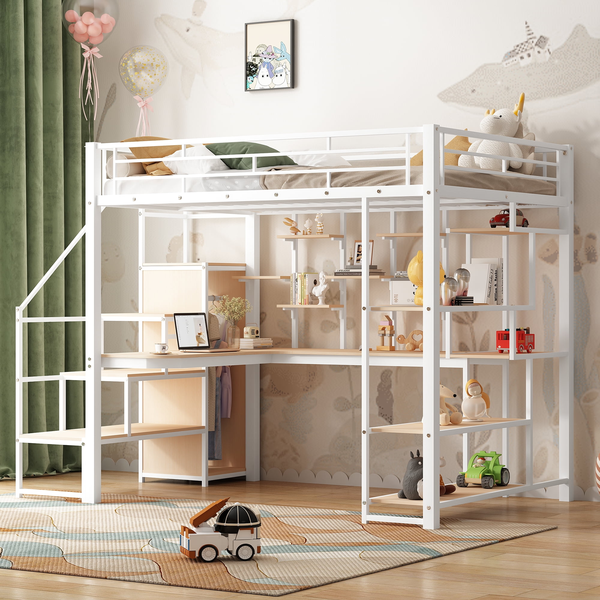 Euroco Modern Metal Full Size Loft Bed with Wardrobe, Desk and Storage Shelves for Kids Teens, White