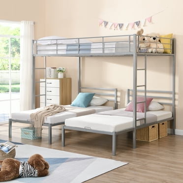 Euroco Modern Metal Full over Twin & Twin Size Bunk Bed for Kids Bedroom, 3-in-1 Bunk Bed, Silver