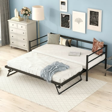 Euroco Modern Metal Twin Platform Bed,Convertible Daybed with Pop up Trundle for Extra Storage,Black