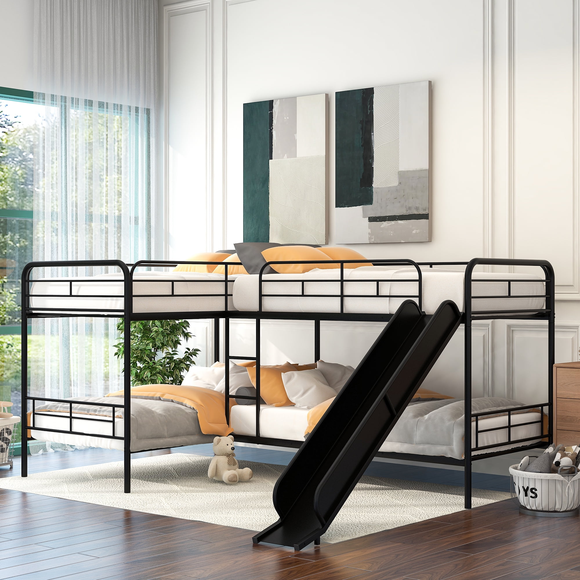 Euroco Modern Metal Twin Size LShaped Quadruple Bunk Bed for Kids