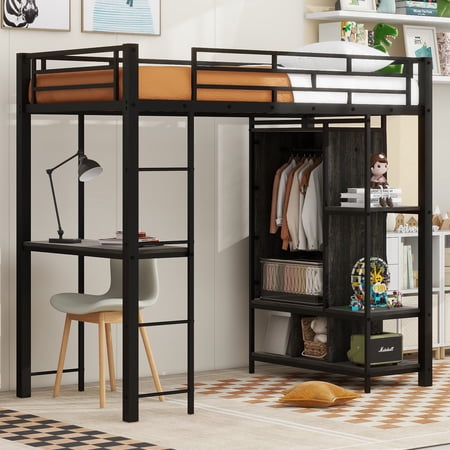 Euroco Modern Metal Twin Size Loft Bed with Desk and Wardrobe, Clothes Hanger and Shelves for Kids Teens, Black