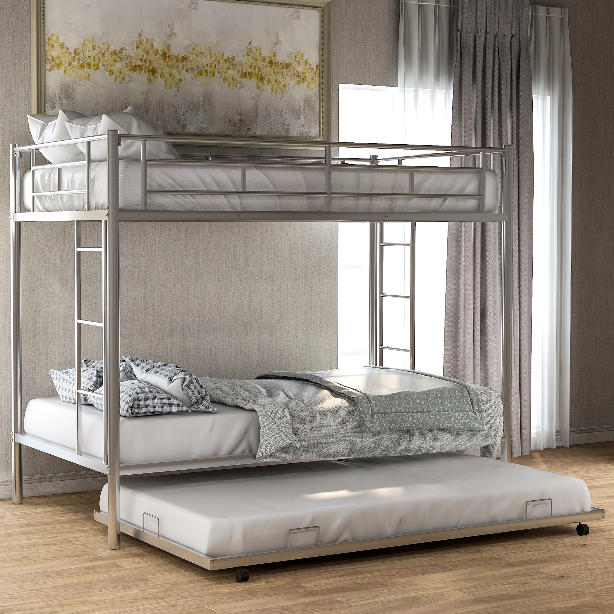 Euroco Modern Metal Twin over Twin Bunk Bed with Trundle for Kids Teens, 3 Twin Size Beds, Solid Ladder and Safety Guardrails, Silver