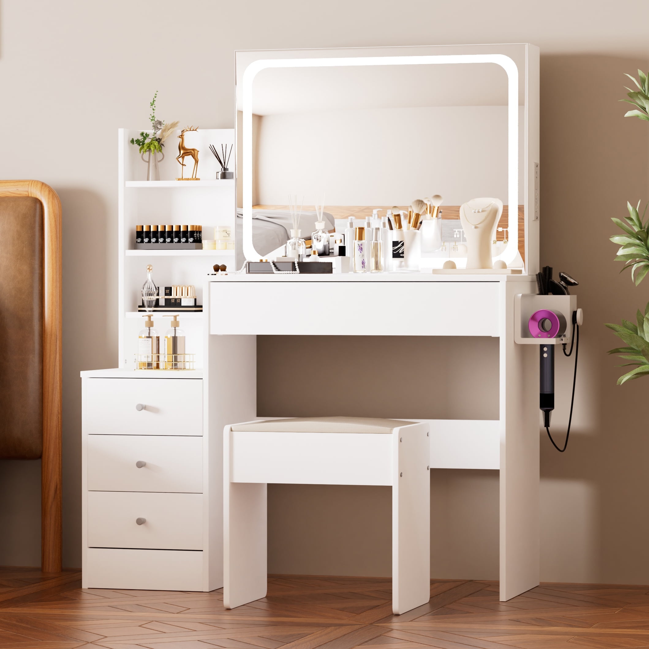 Euroco Modern Mini Dressing Table with LED-lit Mirror & Hidden Storage,Multi-tier Dust-proof Shelves，Includes Padded Stool,Adjustable Brightness Vanity Desk