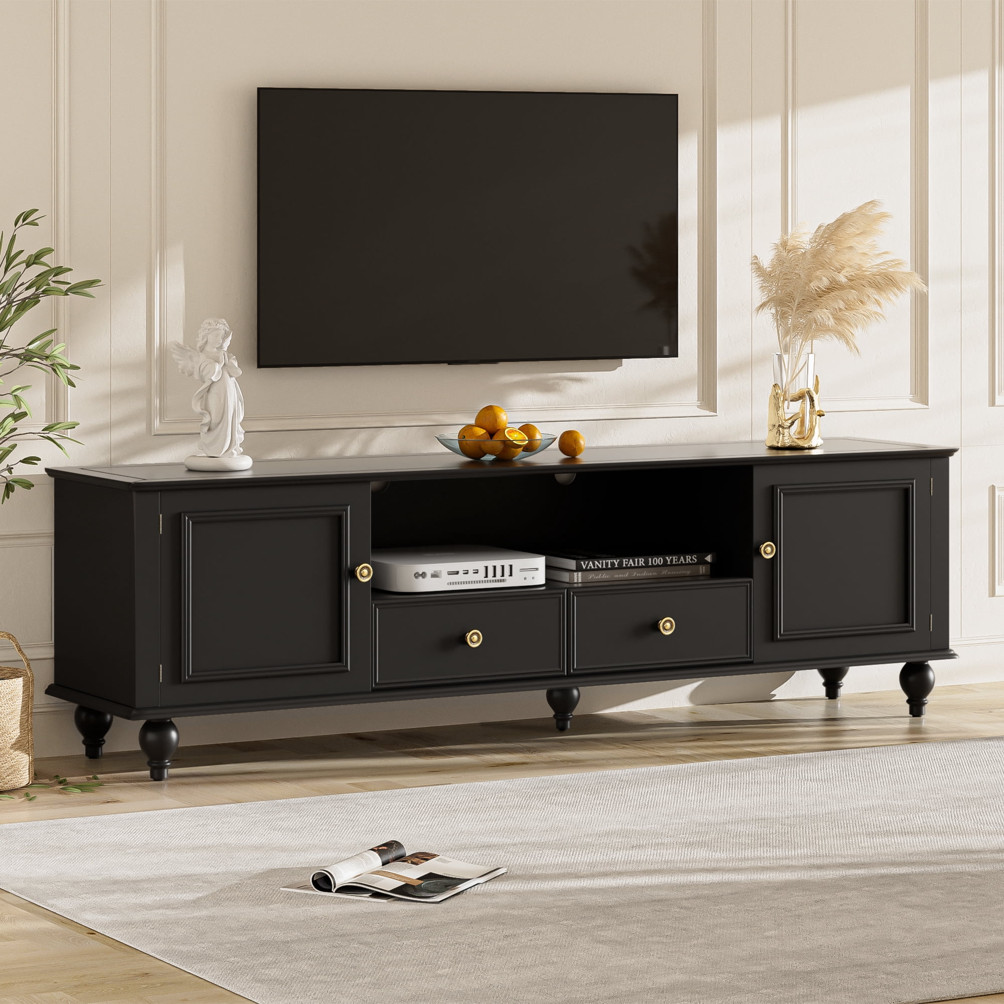 Euroco Modern Minimalist TV Stand with 2 Cabinets, 2 Drawers, and Open Shelf, Media Console with Anti-Tip Kit, for TVs up to 65"