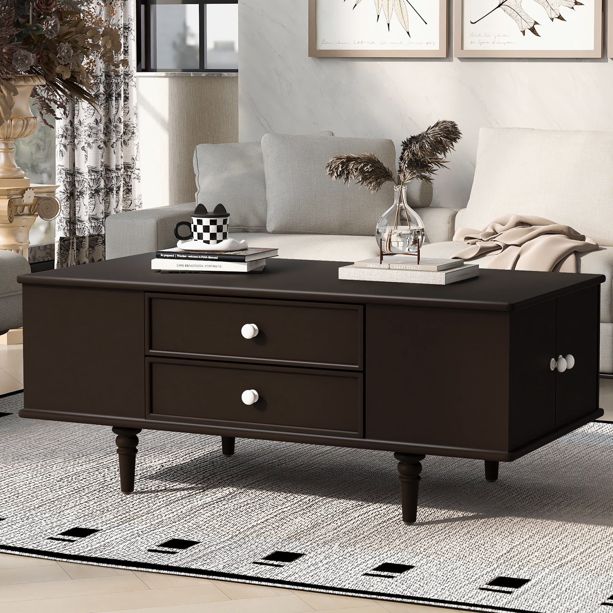 Euroco Modern Multifunctional Coffee Table with 4 Drawers, Hidden Storage Compartments & Side Shelves, Wood Legs, Easy Assembly