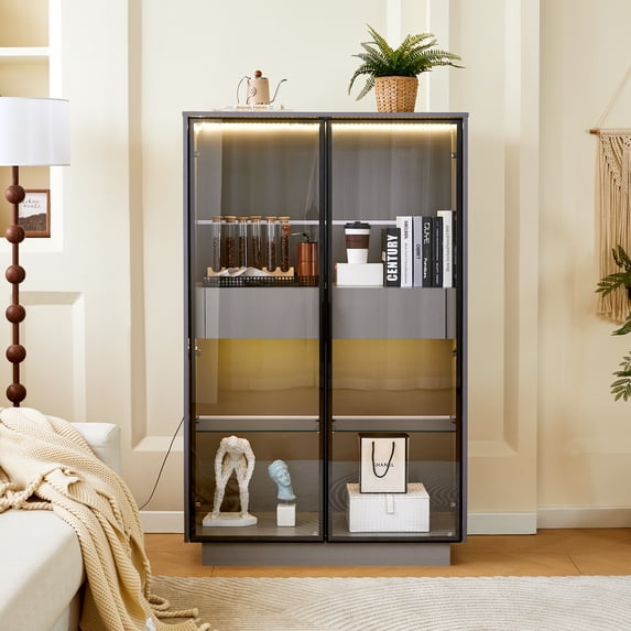 Euroco Modern Narrow LED Glass Display Cabinet with 2 Adjustable Shelves and Storage Drawers, Tempered Glass Doors, 21.6” Wide Showcase