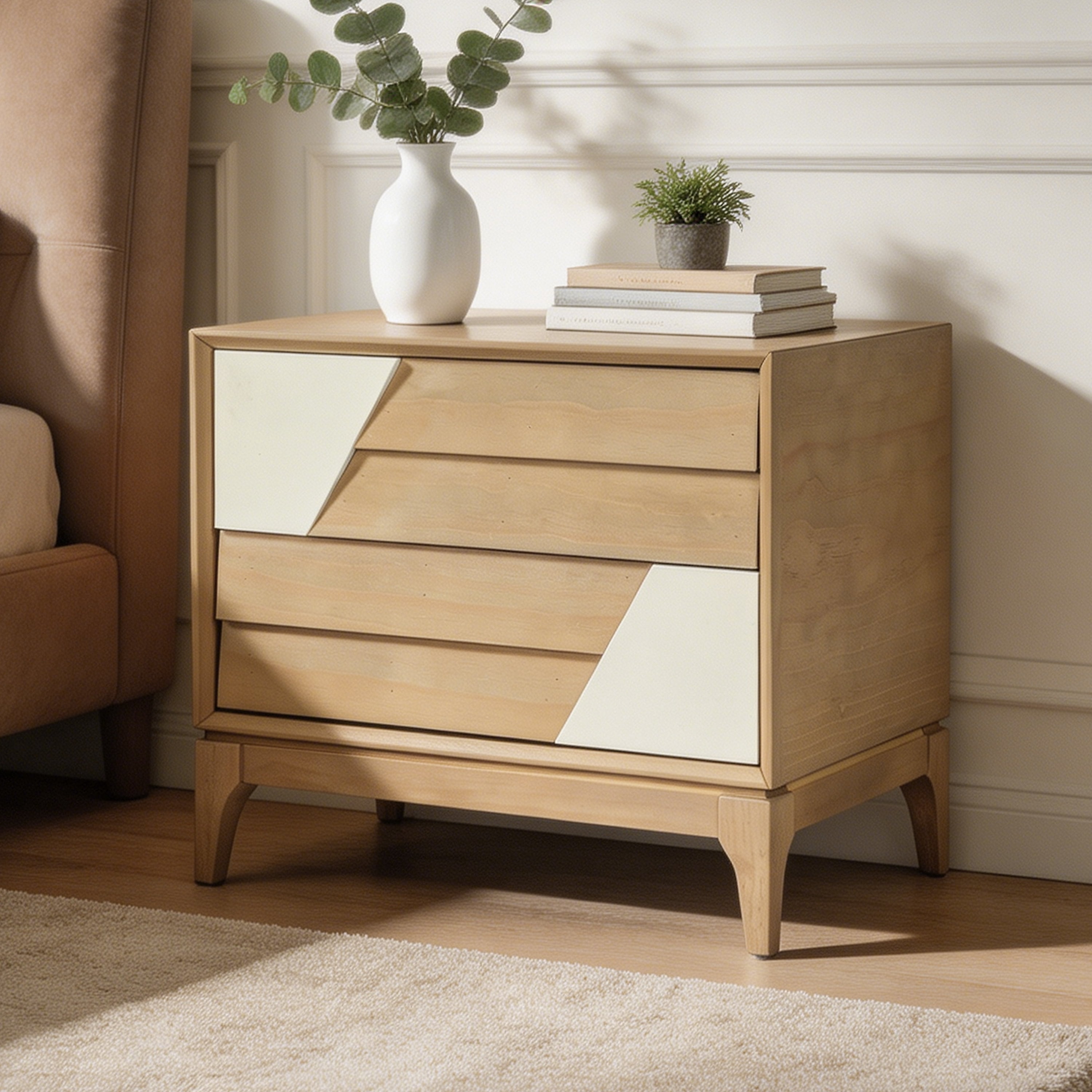 Euroco Modern Nightstand with 2 Drawers, Wood Bedside Table with Angled Patchwork Detail ,24" Wide End Table for Bedroom,Living Room,Natural