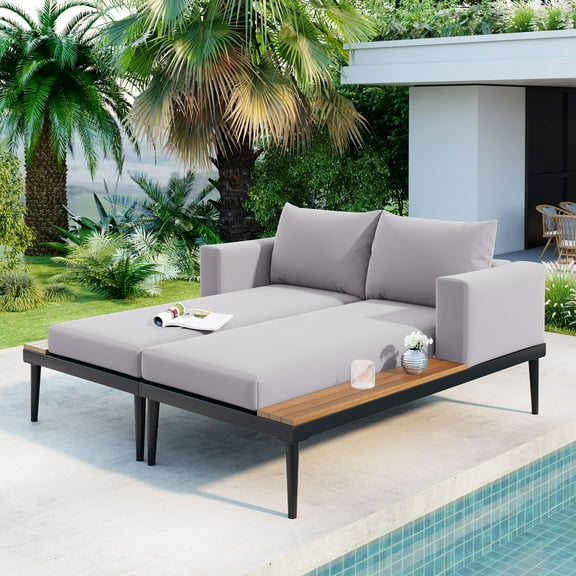 Euroco Modern Outdoor Daybed Patio Metal Daybed with Wood Topped Side Spaces for Drinks, 2 in 1 Padded Chaise Lounges for Poolside, Balcony, Deck, Gray