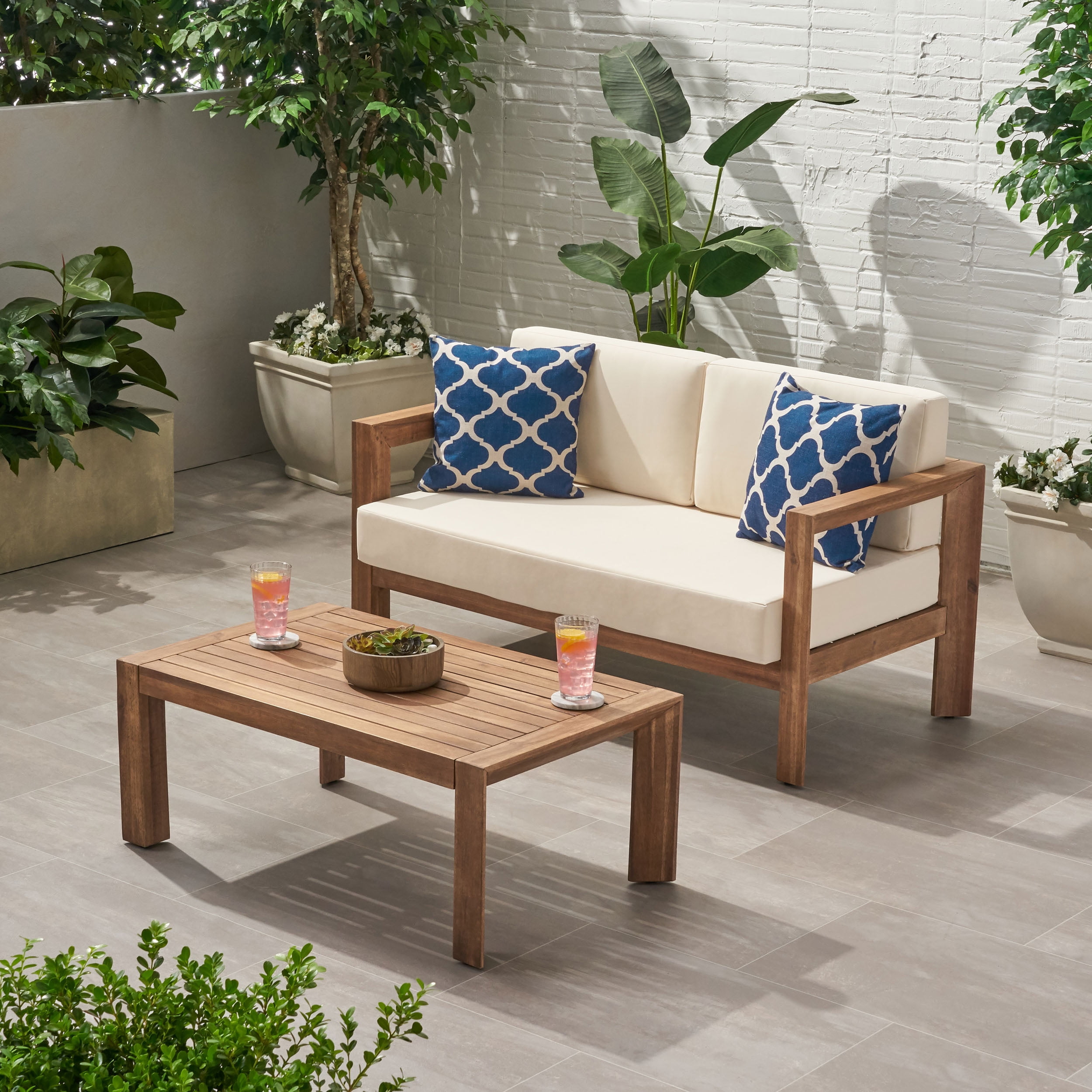 Euroco Modern Outdoor Loveseat and Coffee Table Set, Acacia Wood Frame with Water-Resistant Cushions, Open Slat Design, Natural Finish