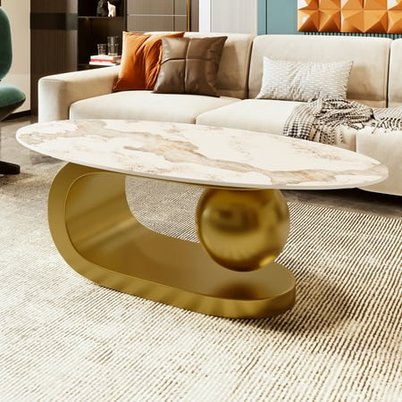 Euroco Modern Oval Coffee Table for Living Room, Marble Pattern Sintered Stone Coffee Tabletop with Gold Stainless Steel Base in 47.2"