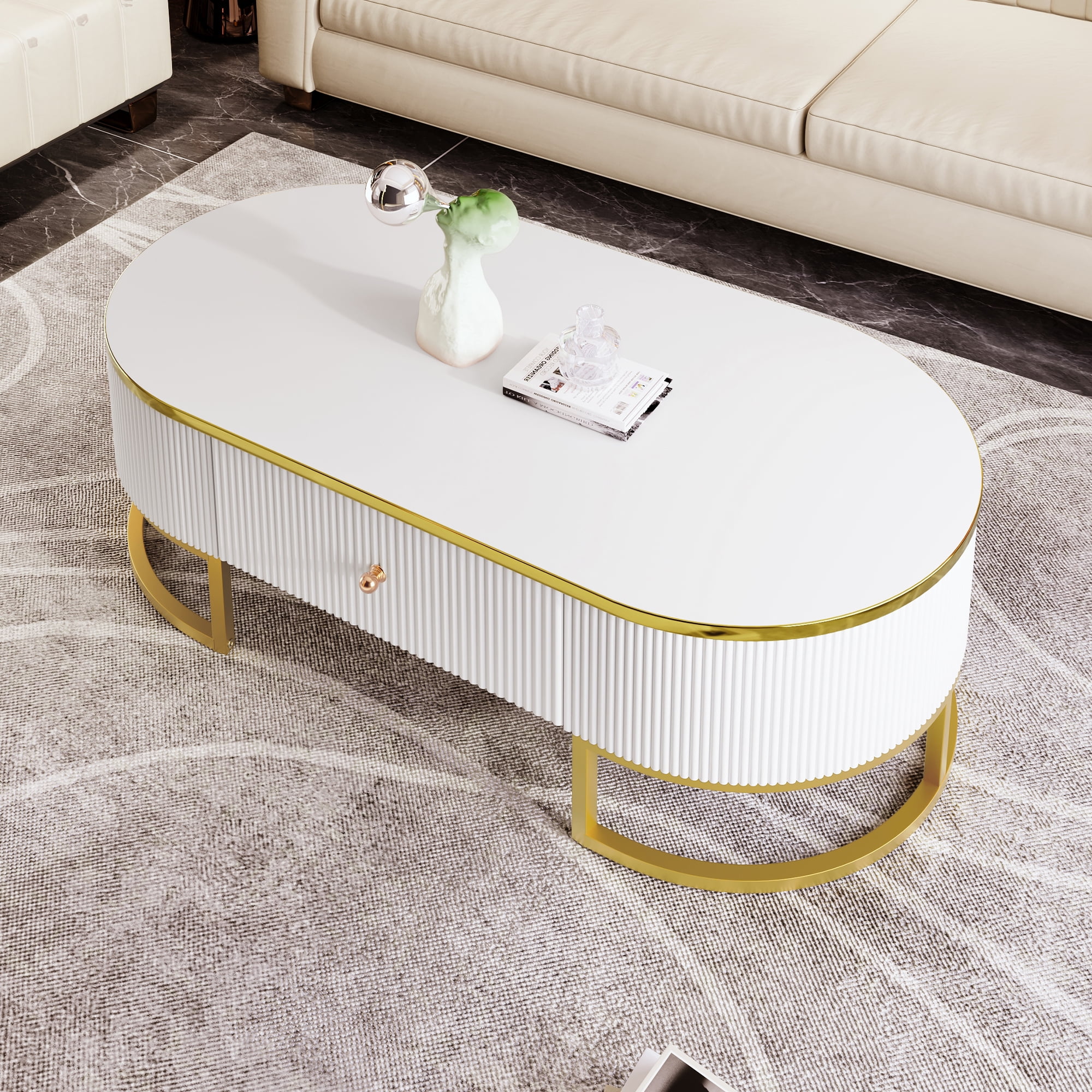 Euroco Modern Oval Coffee Table with Drawers,Curved Profile Design, Gold Metal Decor, Center Table for Living Room in 47.2"