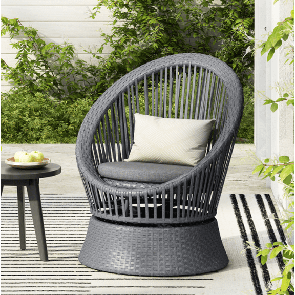 Euroco Modern PE Rattan Lounge Chair with Cushion, Indoor/Outdoor Curved Accent Chair with Iron Frame and 26.7" Wide Seat