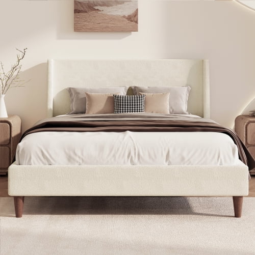 Euroco Modern Queen Size Boucle Upholstered Platform Bed with Wingback Headboard and Wooden Legs