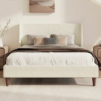 Euroco Modern Queen Size Ivory Boucle Upholstered Platform Bed with Wingback Headboard and Wooden Legs