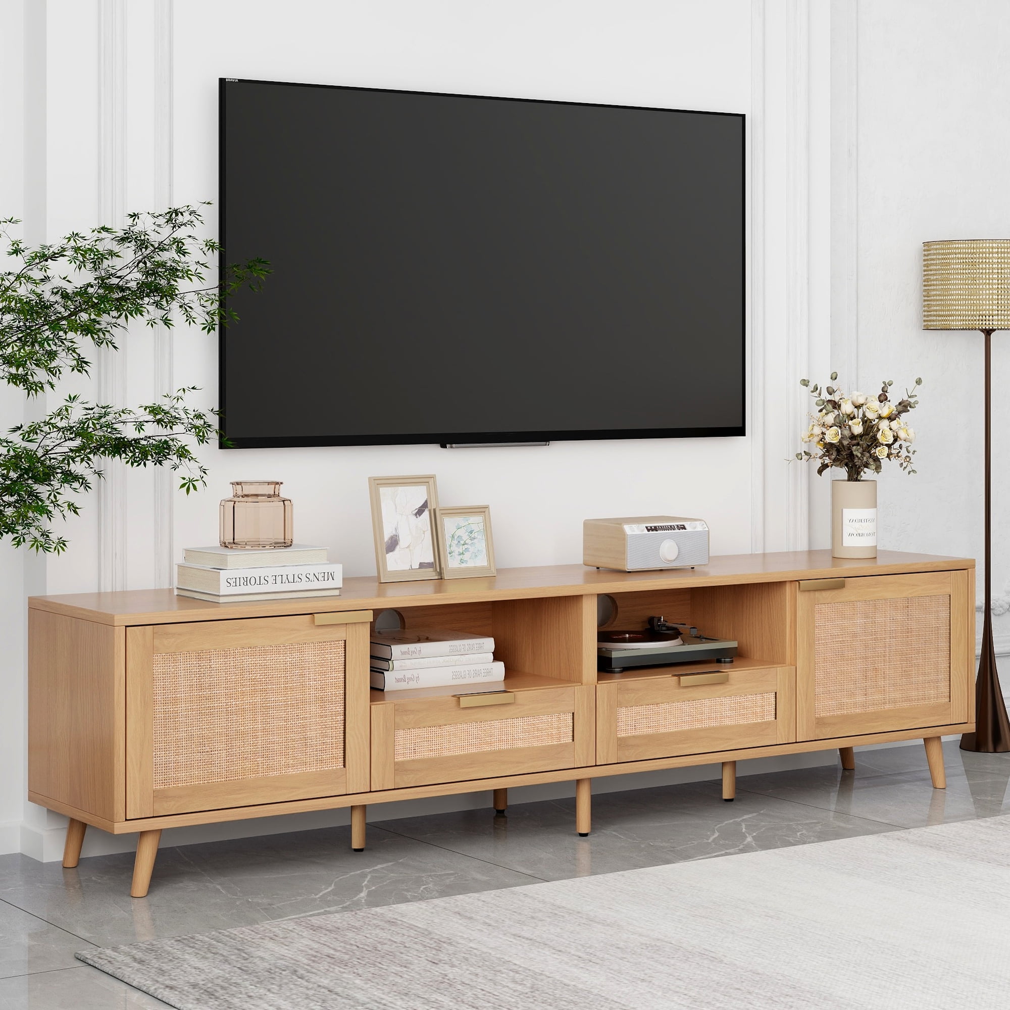 Euroco Modern Rattan TV Stand for TVs up to 85”, Entertainment Center with Cabinets and Open Shelves, Media Console Storage Cabinet