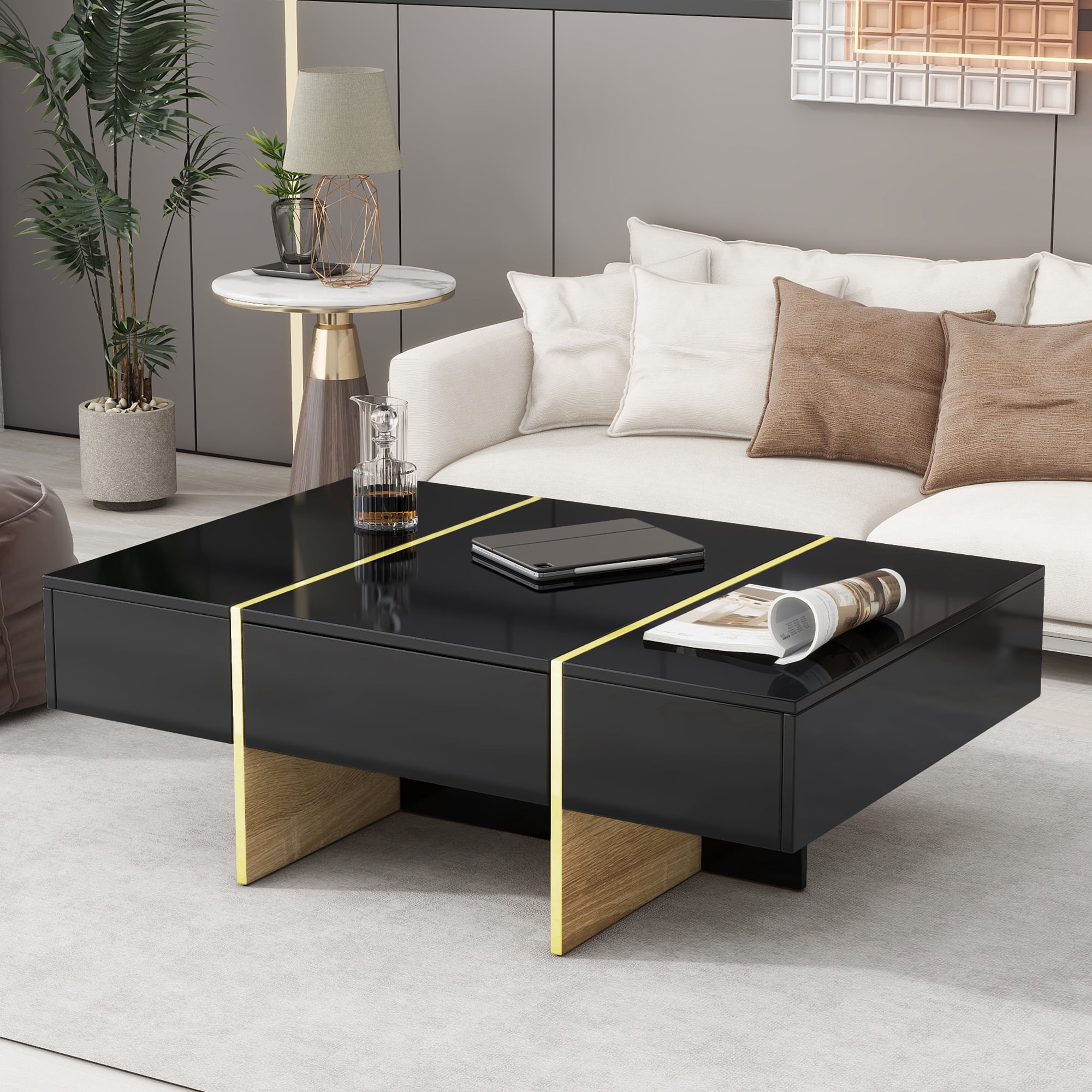Euroco Modern Rectangle High-Gloss Coffee Table with Gold Trim and ...