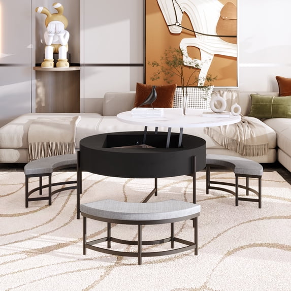 Euroco Modern Round Lift-Top Coffee Table with Storage and 3 Nesting Ottomans,Space-Saving Living Room Set