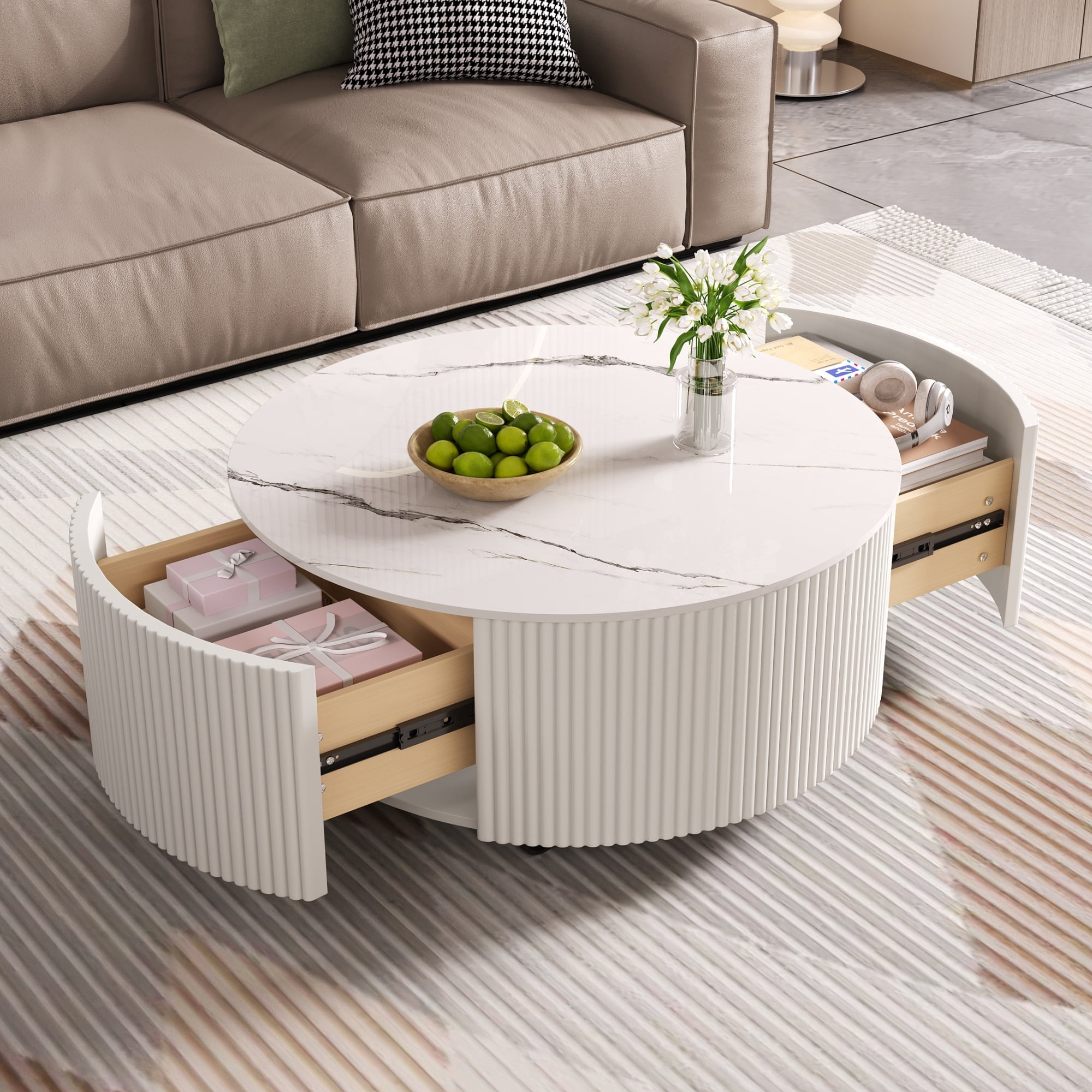 Euroco Modern Round Movable Coffee Table with Casters, 2 Drawers, Marble Pattern Sintered Stone Top, White, 29.5"