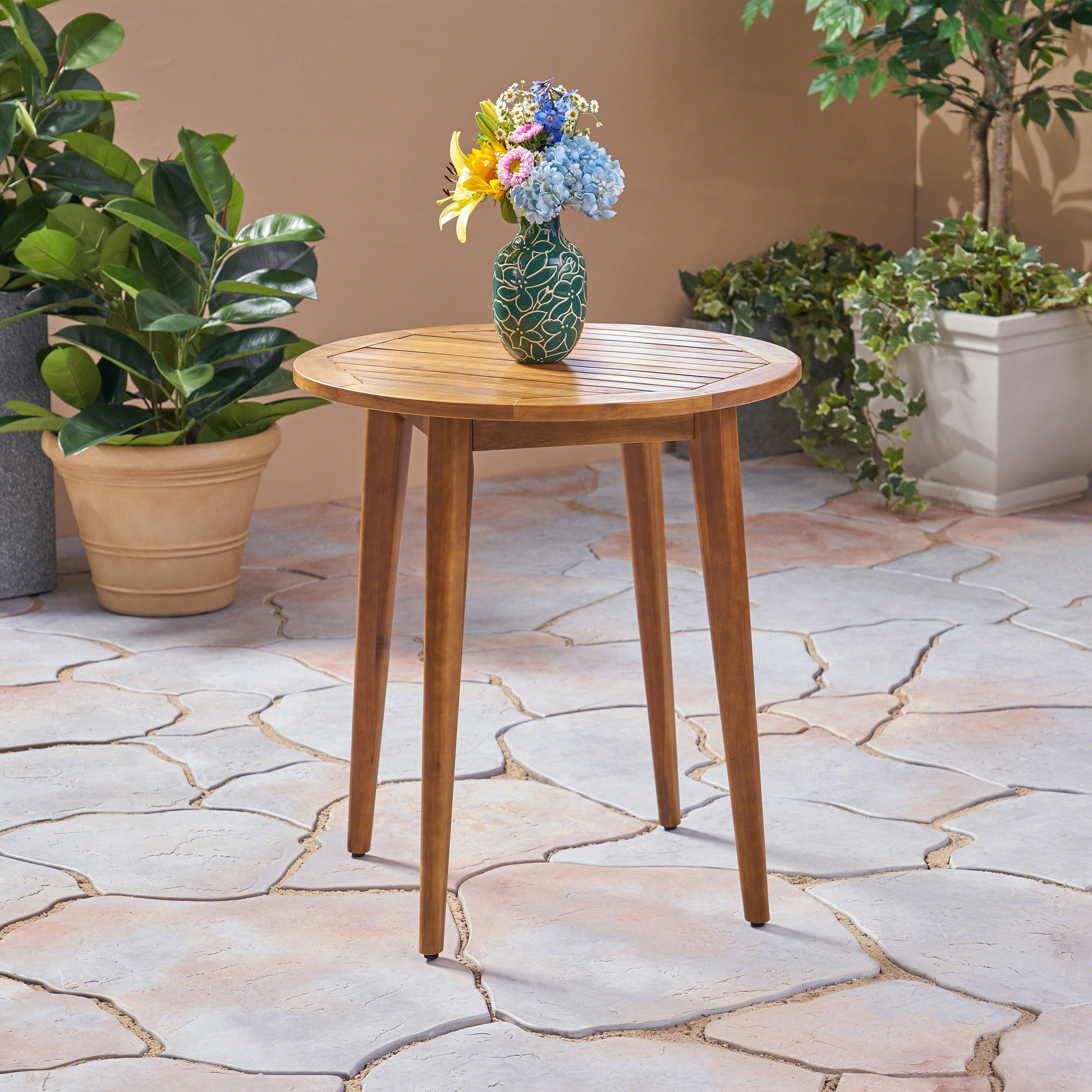 Euroco Modern Round Outdoor Bistro Table, Solid Acacia Wood with Water-Resistant Finish, Patio Dining Table for 2, Natural Brown