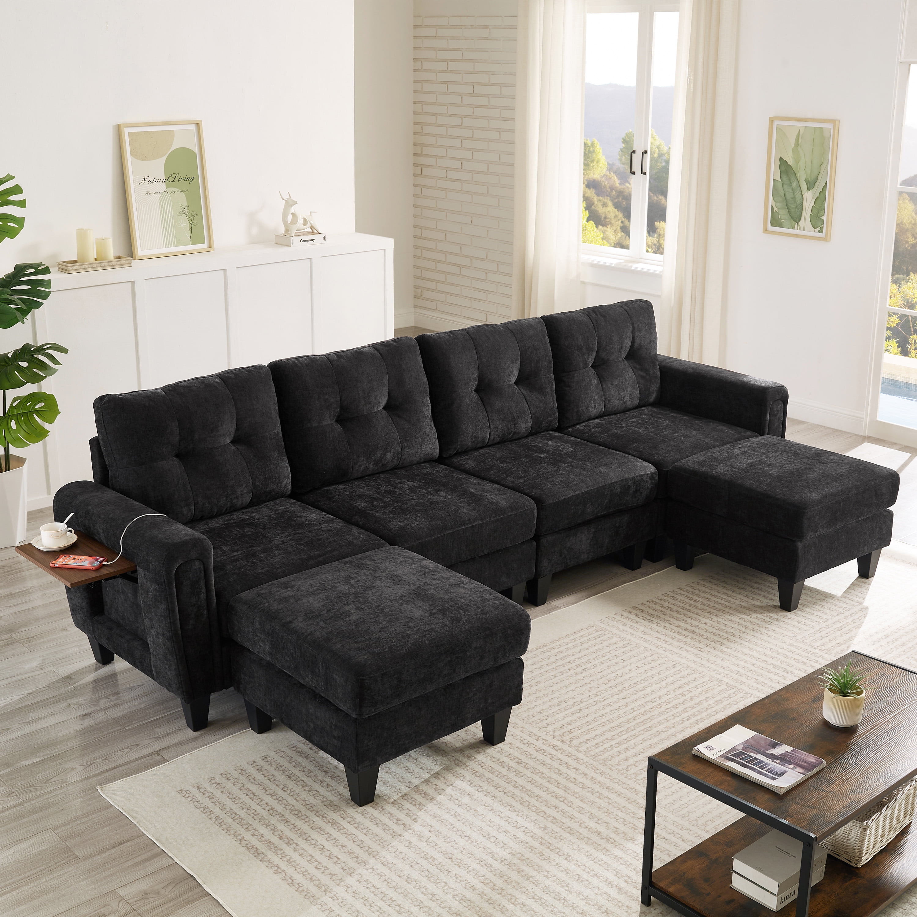 Euroco Modern Sectional Sofa 115" U-shaped Sofa Upholstered Sofa Couch with Two Movable Ottomans, USB Ports and Side Tables for Living Room, Black