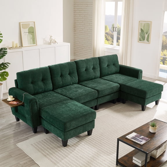 Euroco Modern Sectional Sofa 115" U-shaped Sofa Upholstered Sofa Couch with Two Movable Ottomans, USB Ports and Side Tables for Living Room, Green