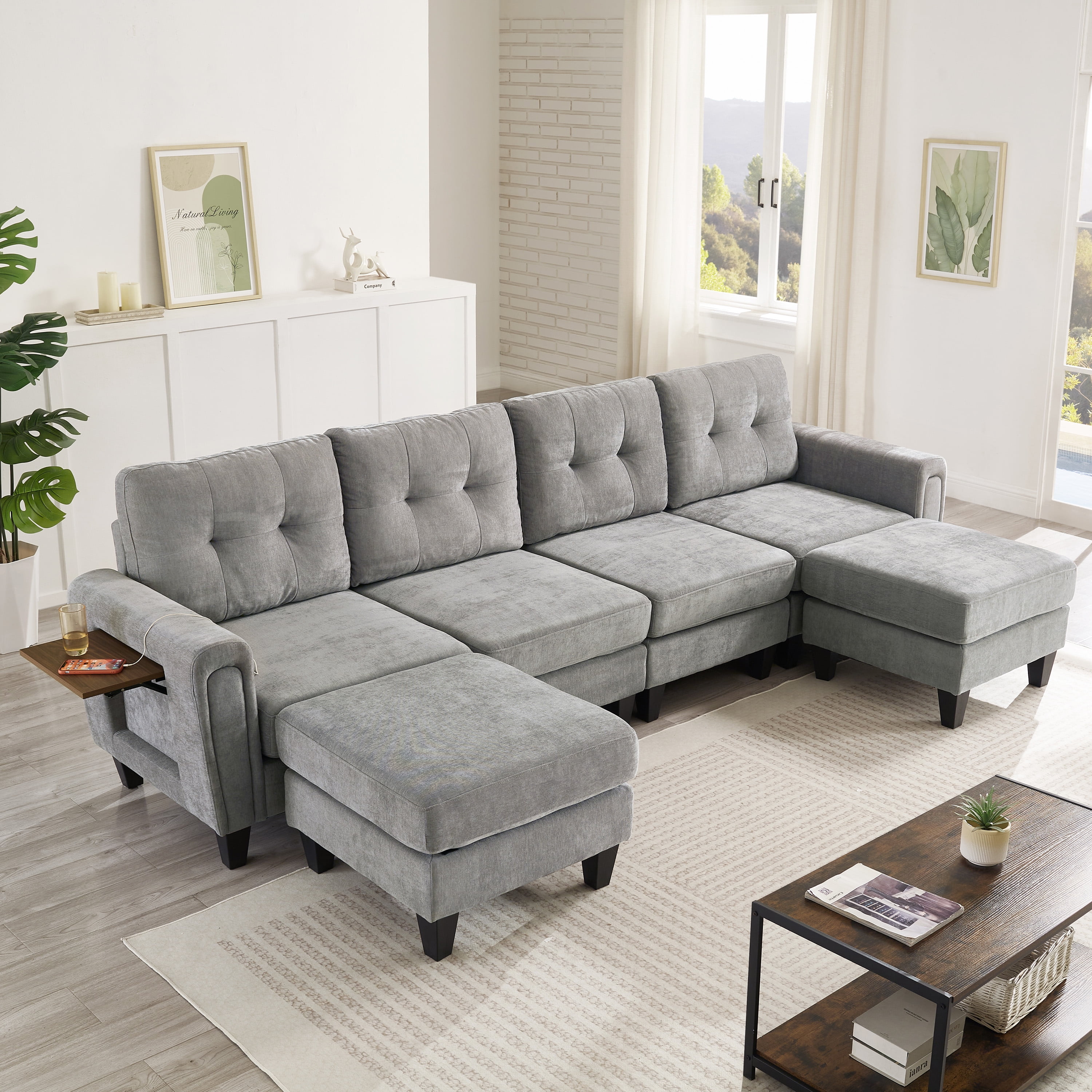 Euroco Modern Sectional Sofa 115" U-shaped Sofa Upholstered Sofa Couch with Two Movable Ottomans, USB Ports and Side Tables for Living Room, Grey