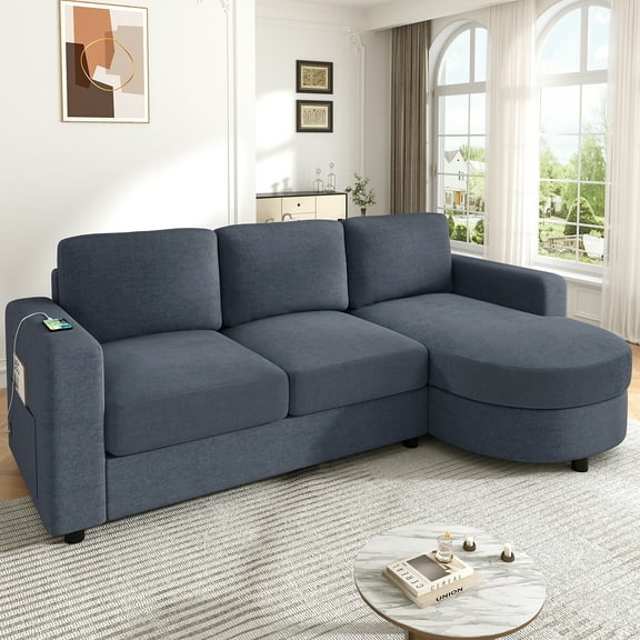 Euroco Modern Sectional Sofa 84.6" L-shaped Sofa Couch with a Curved Chaise Lounge, USB Ports and Side Storage Pockets for Living Room, Blue