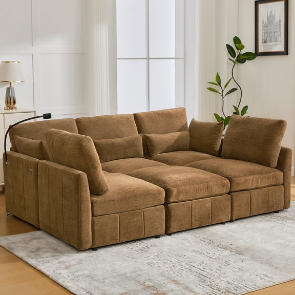 Euroco Modern Sectional Sofa Modular Sofa 85.4" U-shaped Sofa Couch Sofa Bed L-shaped Sofa with a Movable Ottoman and Two USB Ports and a Phone Holder for Living Room, Brown
