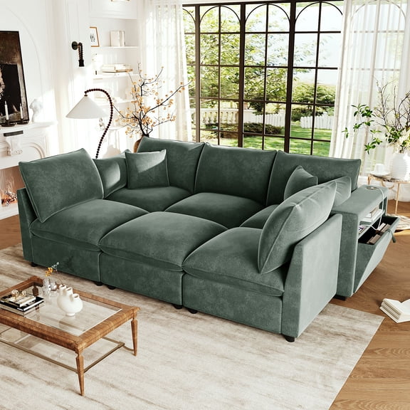 Euroco Modern Sectional Sofa Modular Sofa 93.7" U-shaped Sofa Couch Sofa Bed L-shaped Sofa with a Movable Ottoman, Storage Armrests and USB Ports, Green
