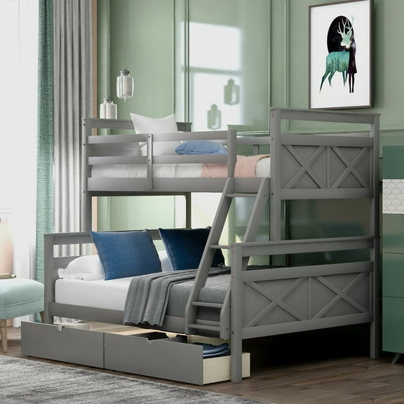 Euroco Modern Solid Wood Convertible Twin over Full Kids Bunk Bed Frame with Ladder, White, Gray