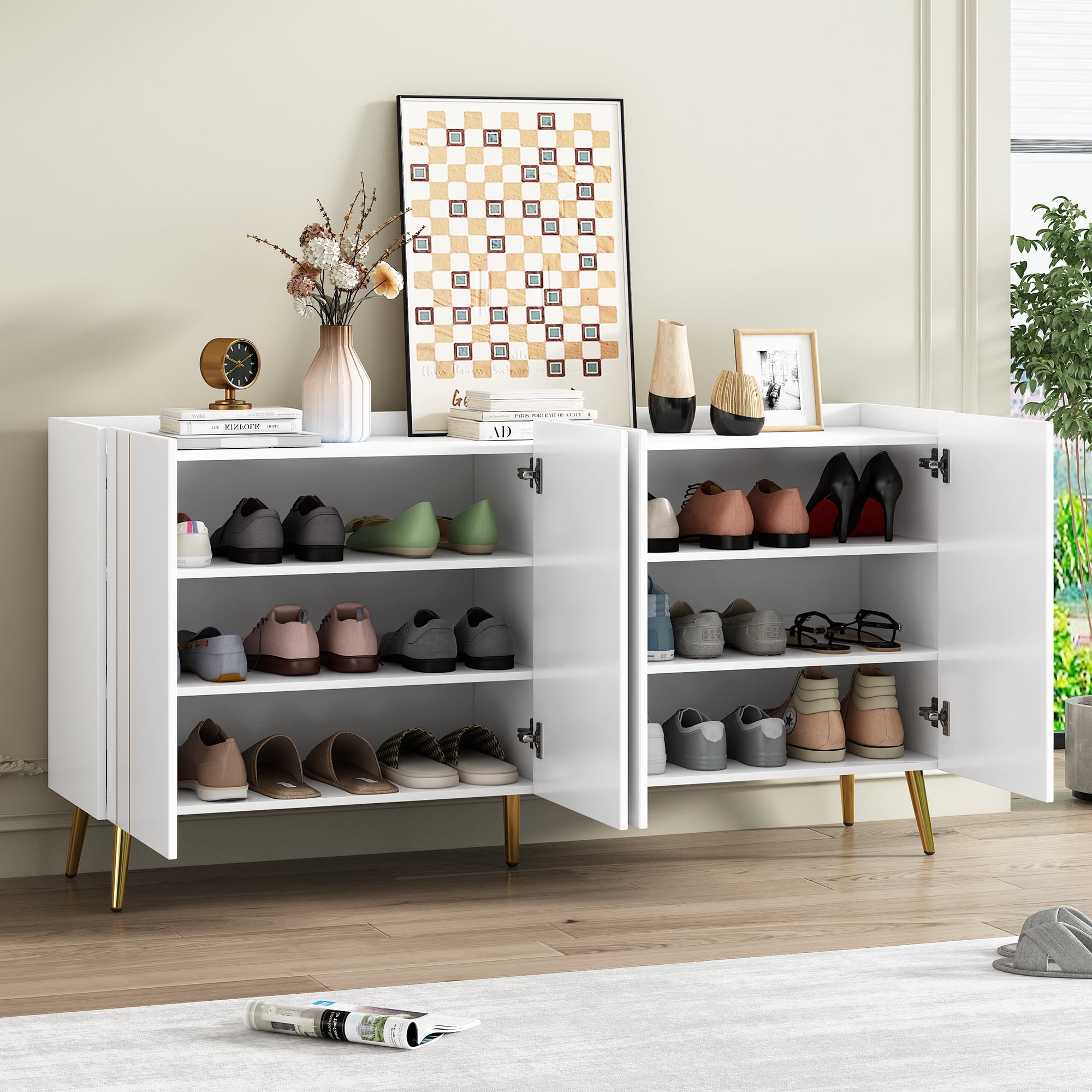 Euroco Modern Storage Cabinet with Gold Accents and Adjustable Shelves, Multi-Purpose Sideboard for Entryway, Kitchen, or Living Room – Handleless Design with Spill-Proof Top