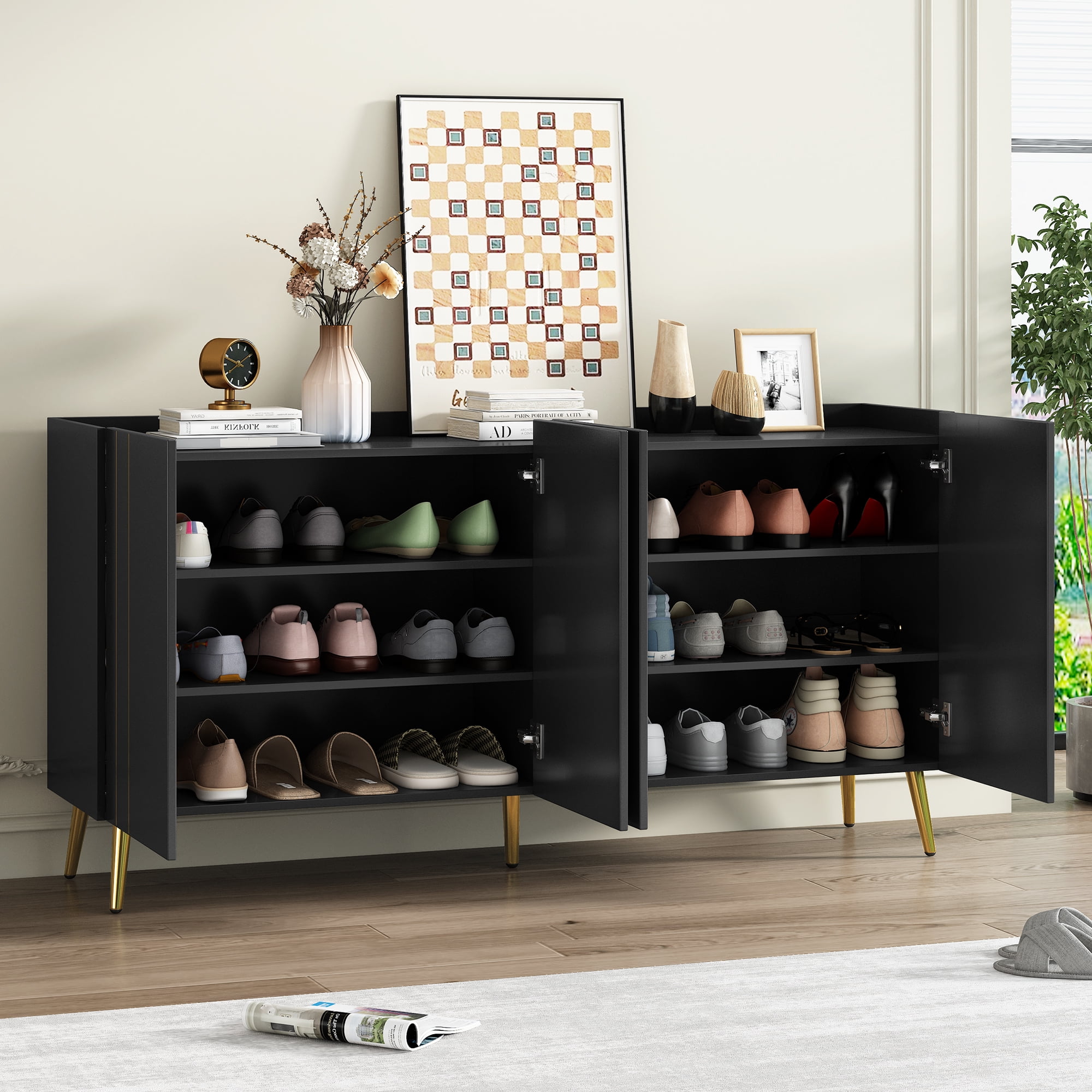 Euroco Modern Storage Cabinet with Gold Accents and Adjustable Shelves, Multi-Purpose Sideboard for Entryway, Kitchen, or Living Room – Handleless Design with Spill-Proof Top