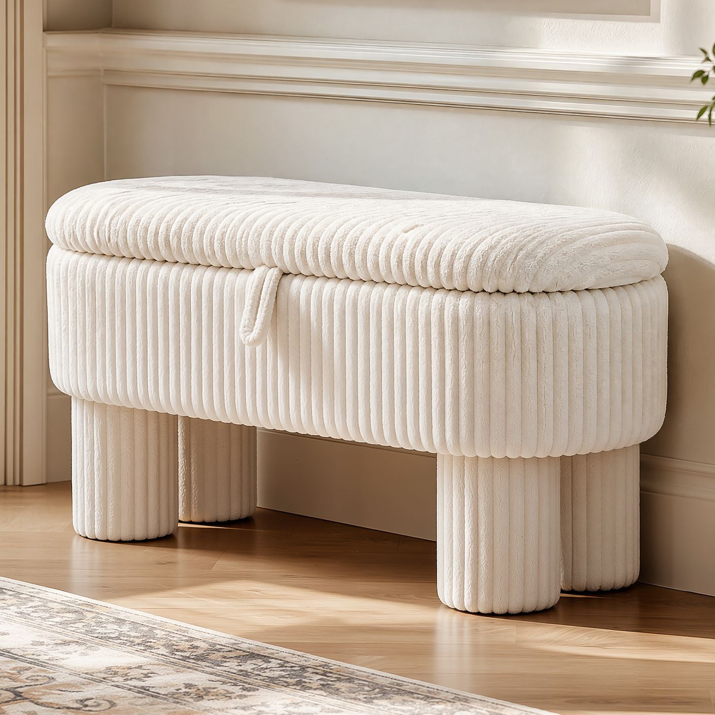Euroco Modern Storage Ottoman Bench,Corduroy Upholstered Entryway Shoe Bench, End of Bed Bench for Living Room Bedroom,Beige