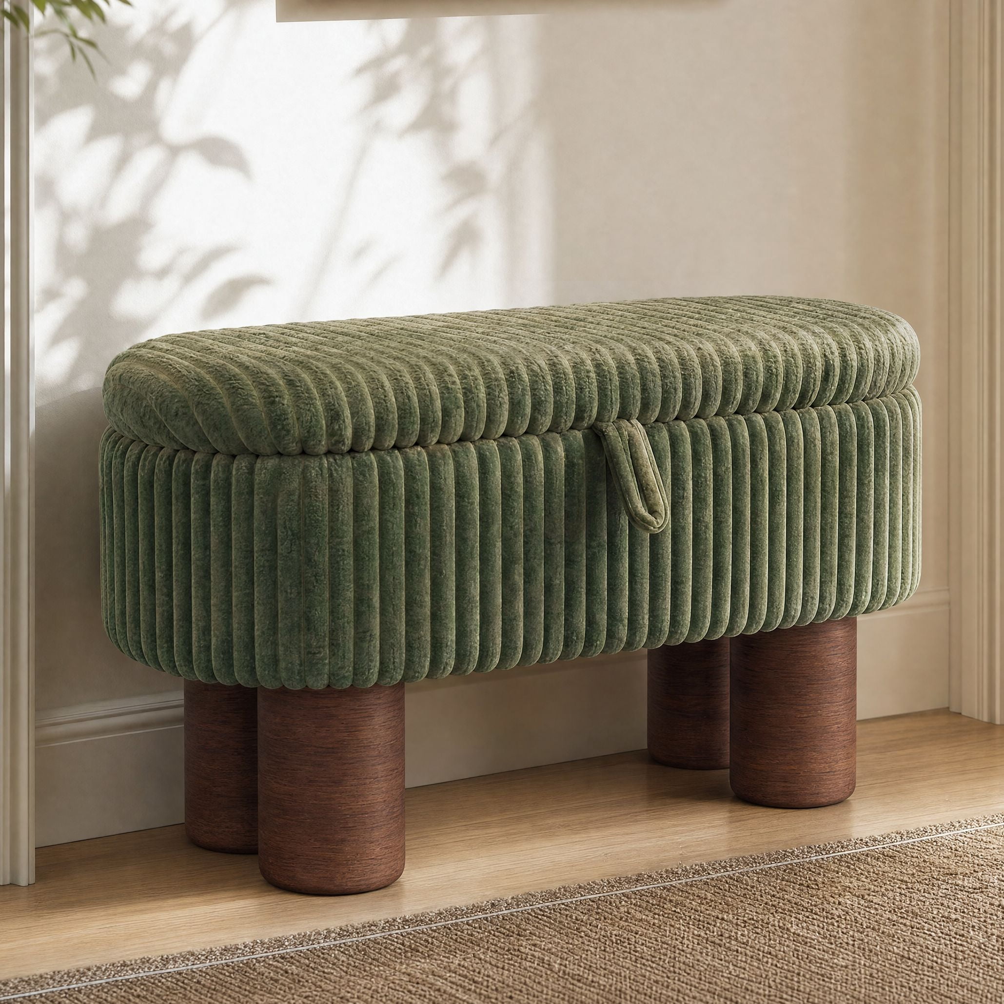 Euroco Modern Storage Ottoman Bench,Corduroy Upholstered Entryway Shoe Bench, End of Bed Bench for Living Room Bedroom,Green