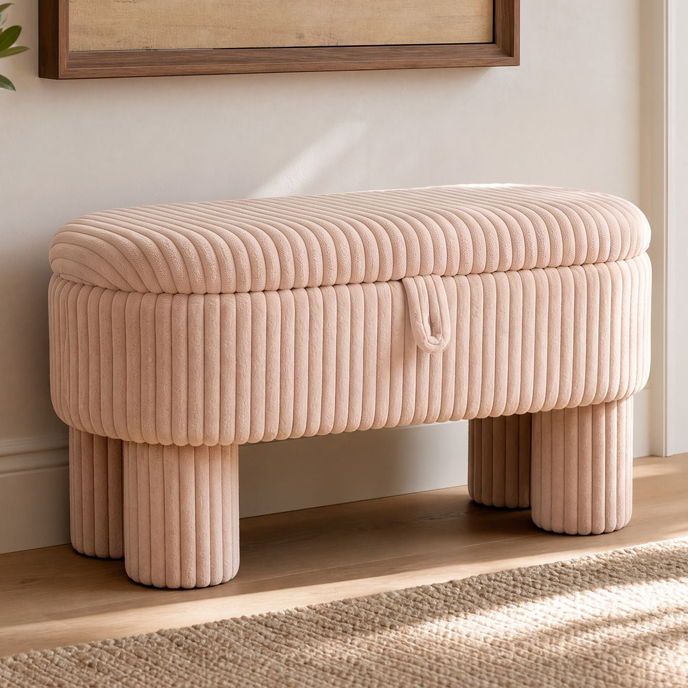 Euroco Modern Storage Ottoman Bench,Corduroy Upholstered Entryway Shoe Bench, End of Bed Bench for Living Room Bedroom,Pink