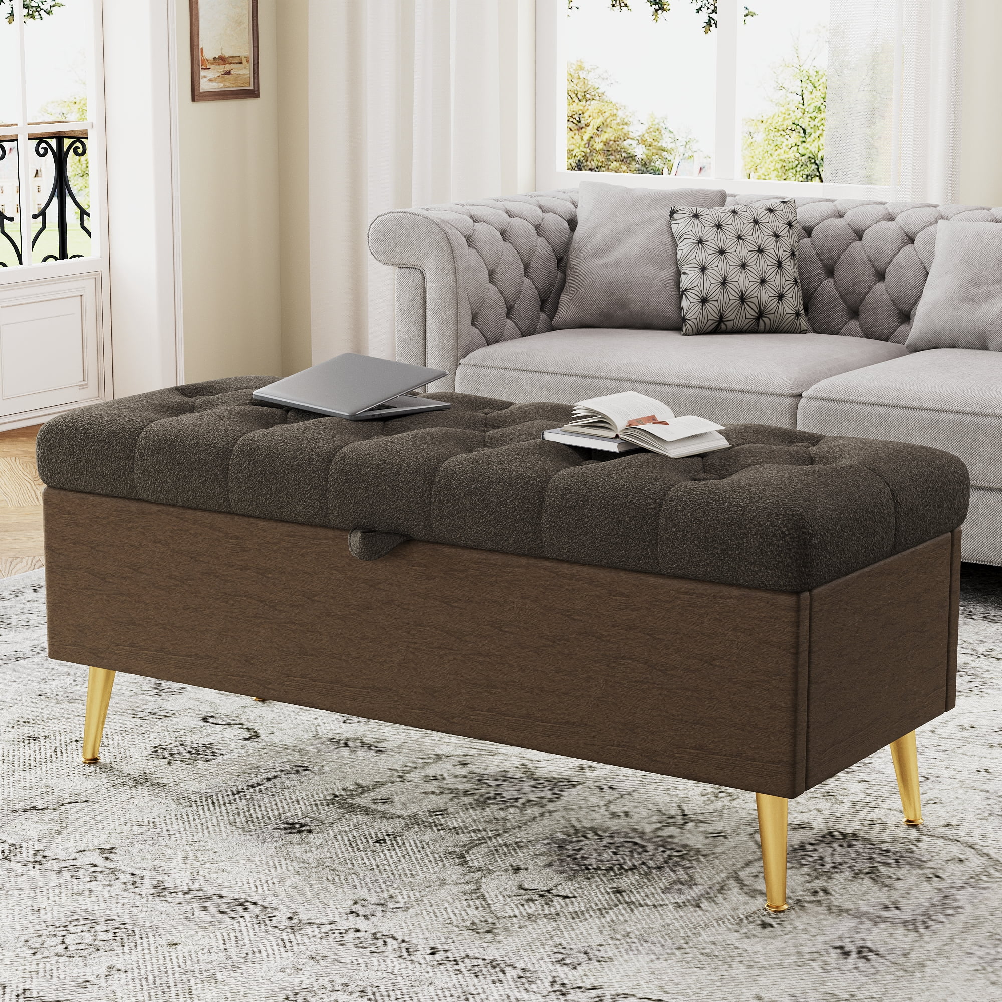 Euroco Modern Storage Ottoman Bench Upholstered Bedroom Bench Entryway Storage Ottoman Tufted Ottoman Bench for Living Room, Bedroom and Entryway, Coffee