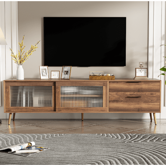 Euroco Modern TV Stand for 75"+ TV, TV Console with 2 Glass Doors, Entertainment Center with 2 Drawers & Storage Cabinet, 70" Media Console Table for Living Room, Bedroom