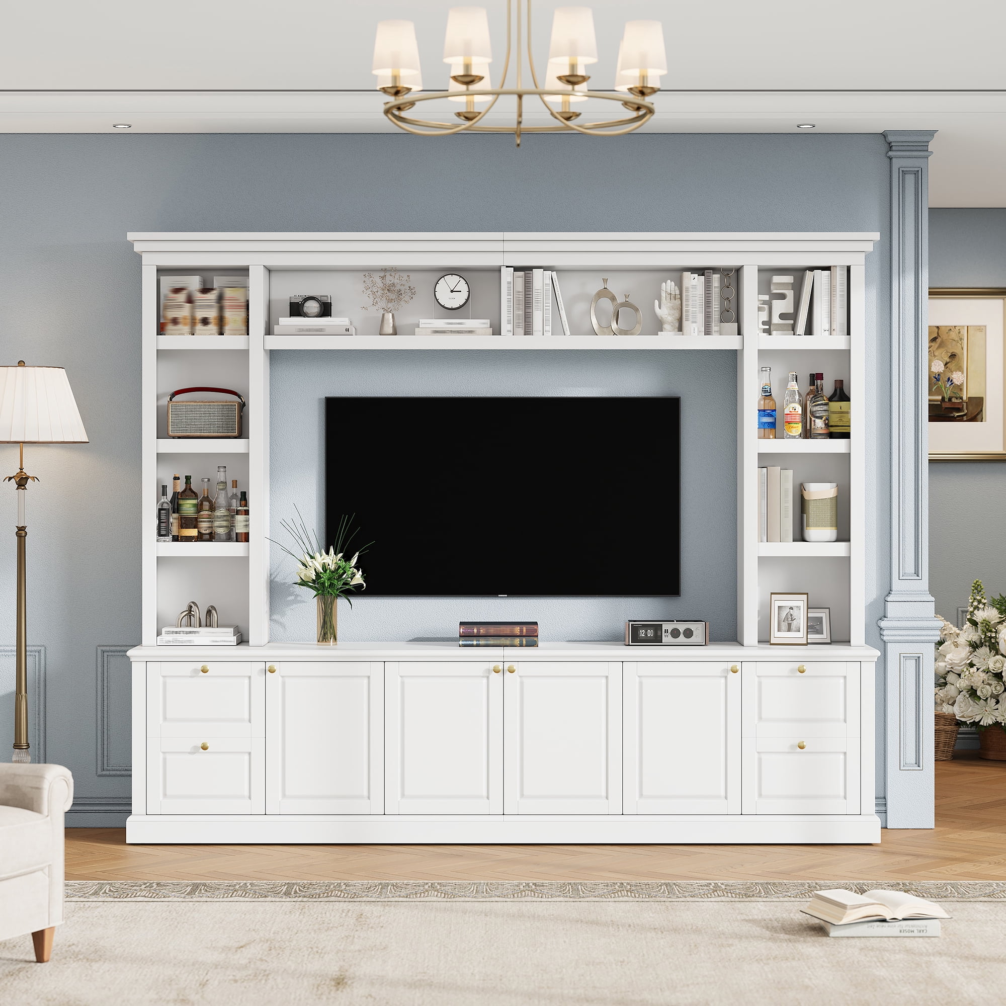 Euroco Modern TV Stand with Bookcase for TVs up to 70 inch, Entertainment Center with 3 Adjustable Shelves, for Living Room, Display Storage Cabinet, Ample Storage Space TV Stand