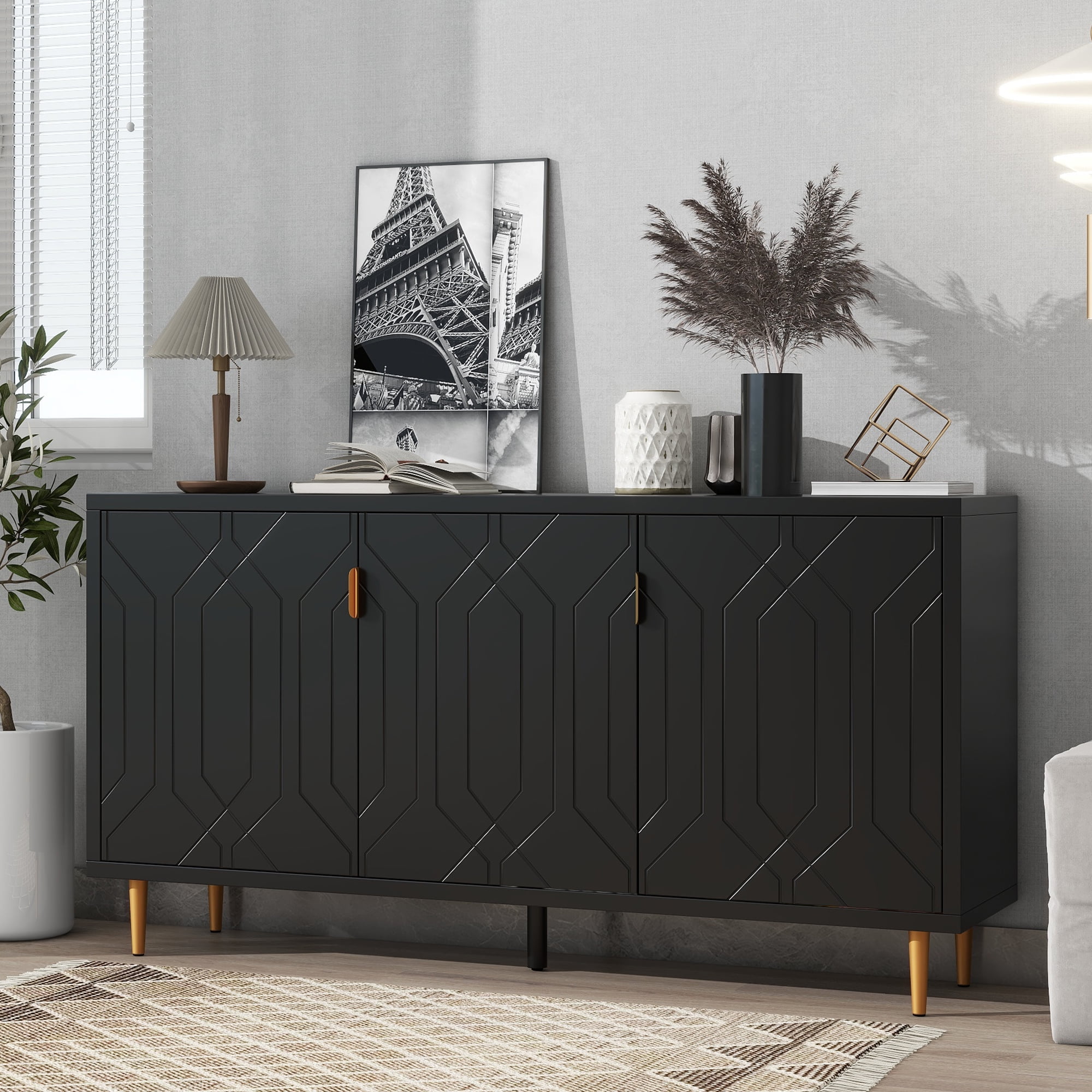 Euroco Modern TV Stand with 3 Doors and Adjustable Shelves, Fits TVs Up to 70 Inches