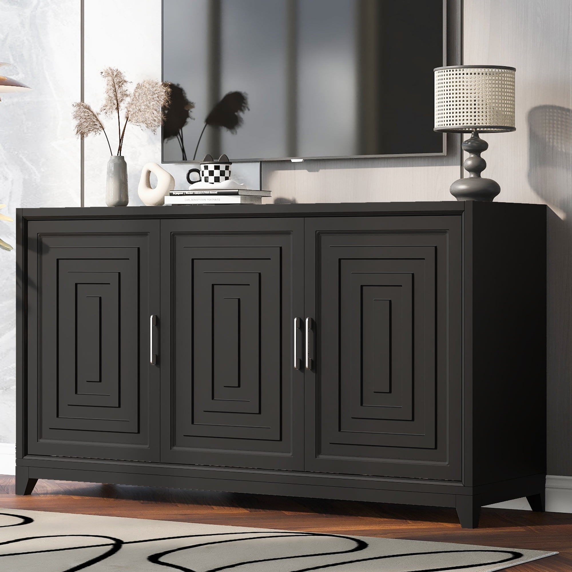 Euroco Modern TV Stand with Adjustable Shelves & Solid Wood Legs – Media Console Cabinet with Storage for Living Room or Bedroom