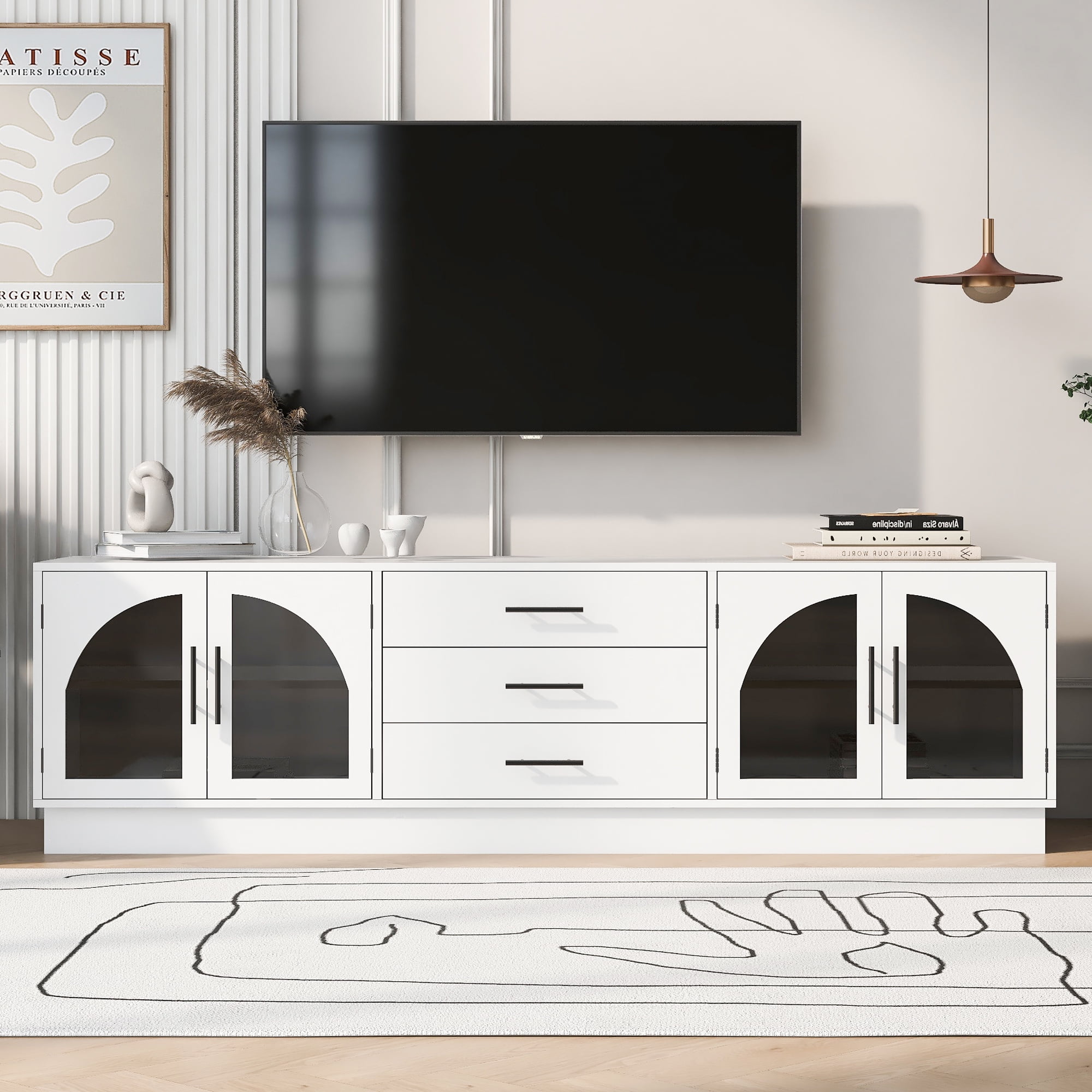 Euroco Modern TV Stand with Arched Glass Doors, Drawers & Adjustable Shelves for TVs up to 75 Inches