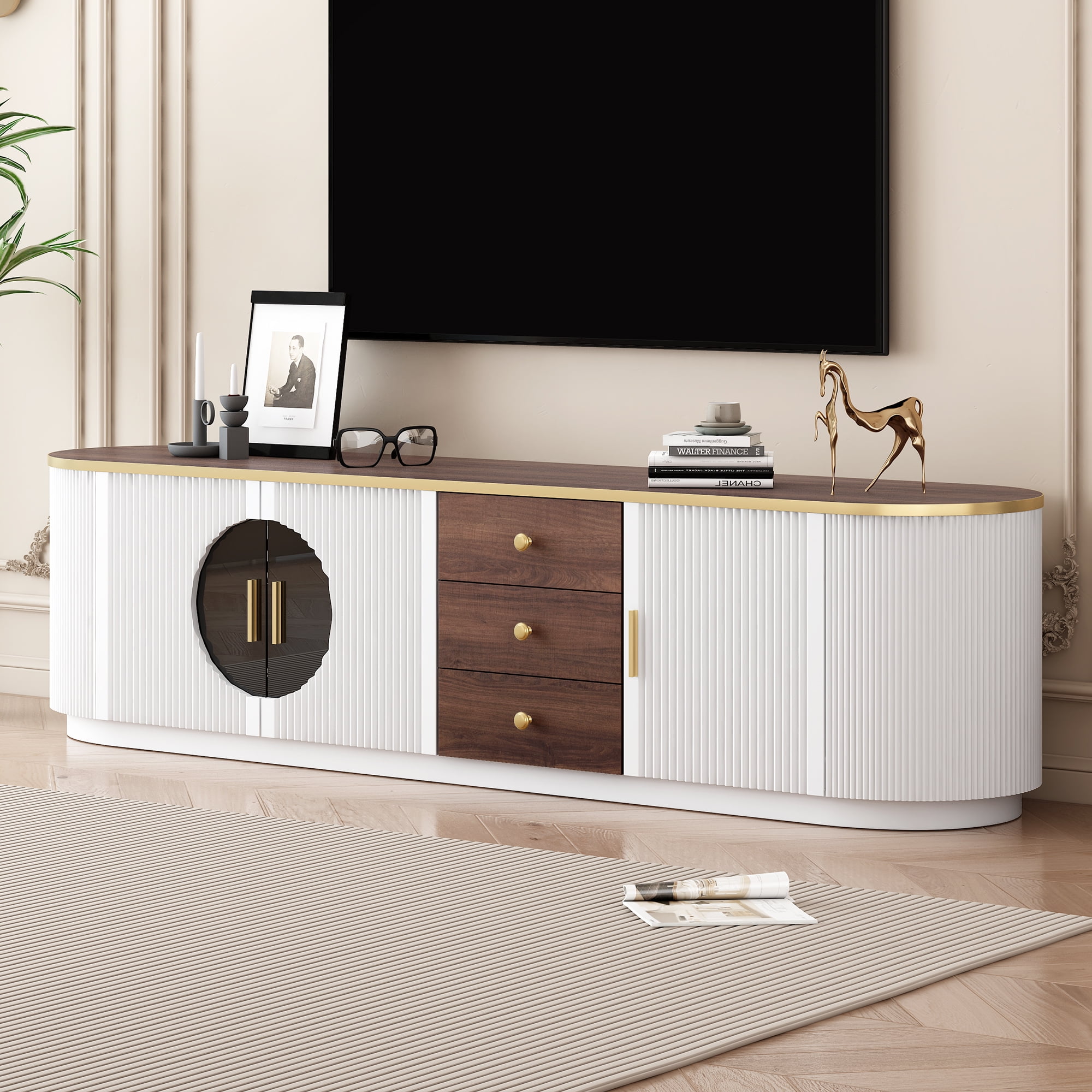 Euroco Modern TV Stand with Glass Doors, Gold Accents, 2 Cabinets & 3 Drawers, Cable Management for TVs up to 65", Wood Grain Finish