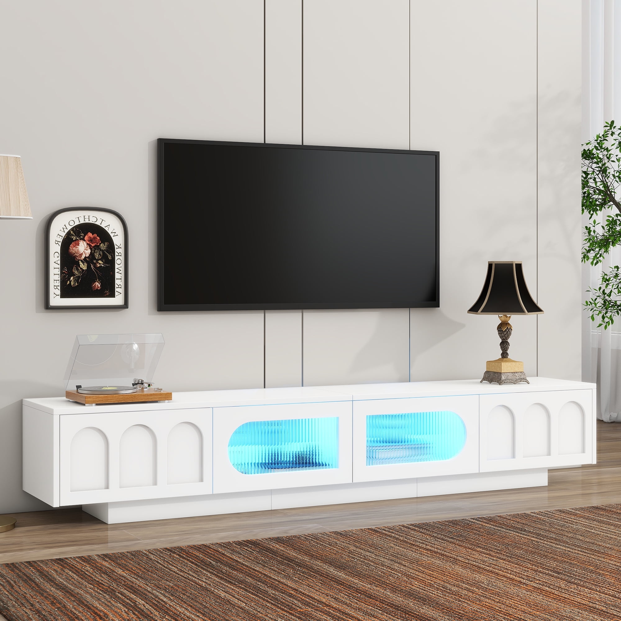 Euroco Modern TV Stand with RGB LED Lights, Bluetooth App Control, Geometric Design, 2 Drawers & Storage Cabinets, Fits Up to 65 Inch TV
