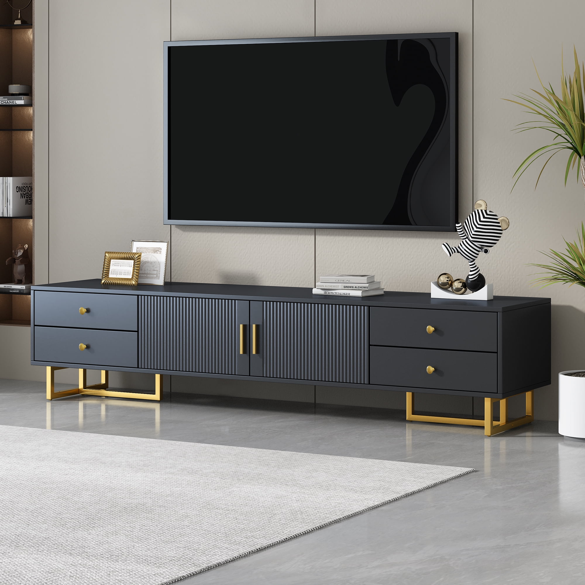 Euroco Modern TV Stand with Wave Groove Cabinet Doors, 4 Drawers, and Metal T-Frame