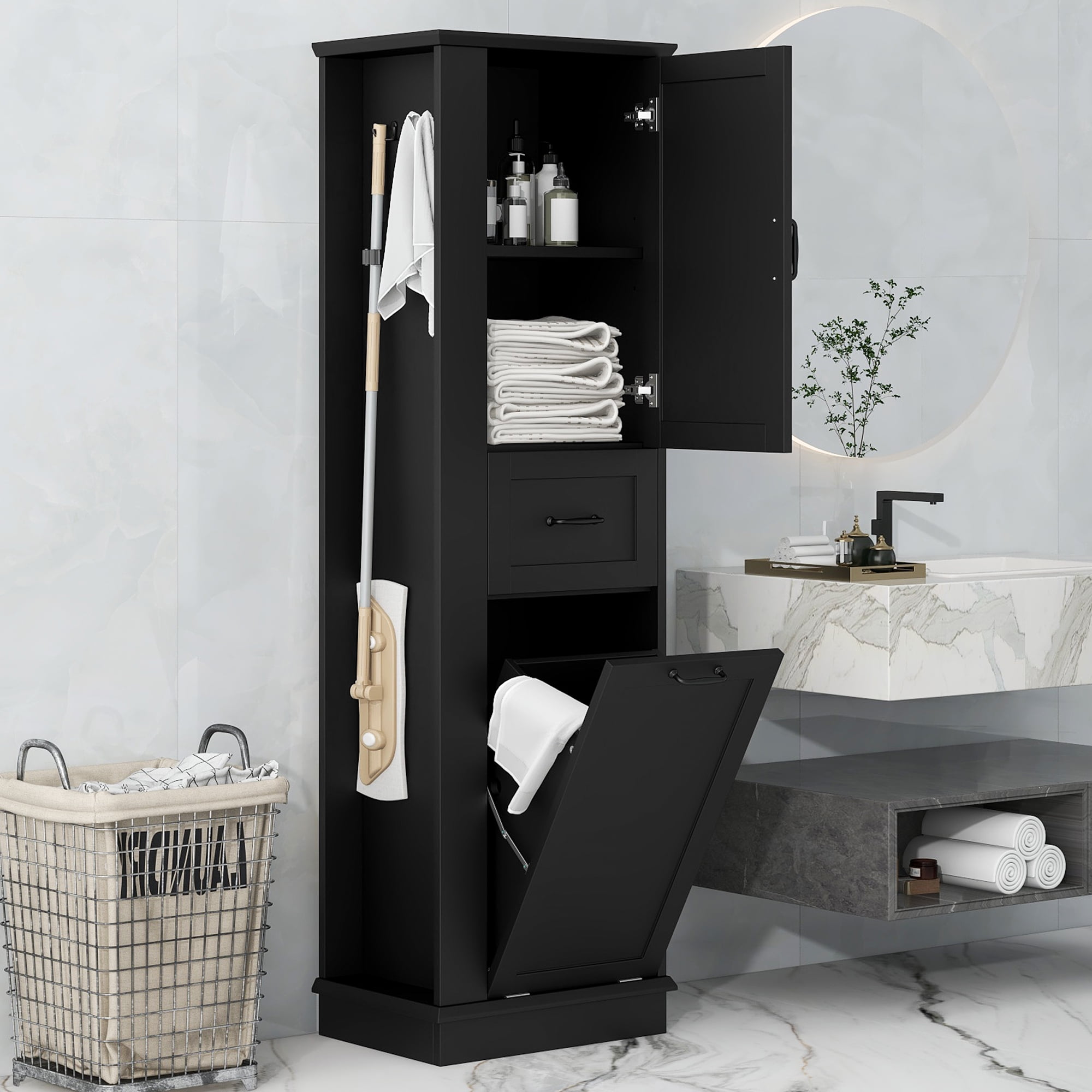 Euroco Modern Tall Storage Cabinet – Tilt-Out Compartment, Adjustable Shelves, 80LBS Capacity, Soft-Close Hinges, Aluminum Alloy Handles, Perfect for Bathroom & Home Organization