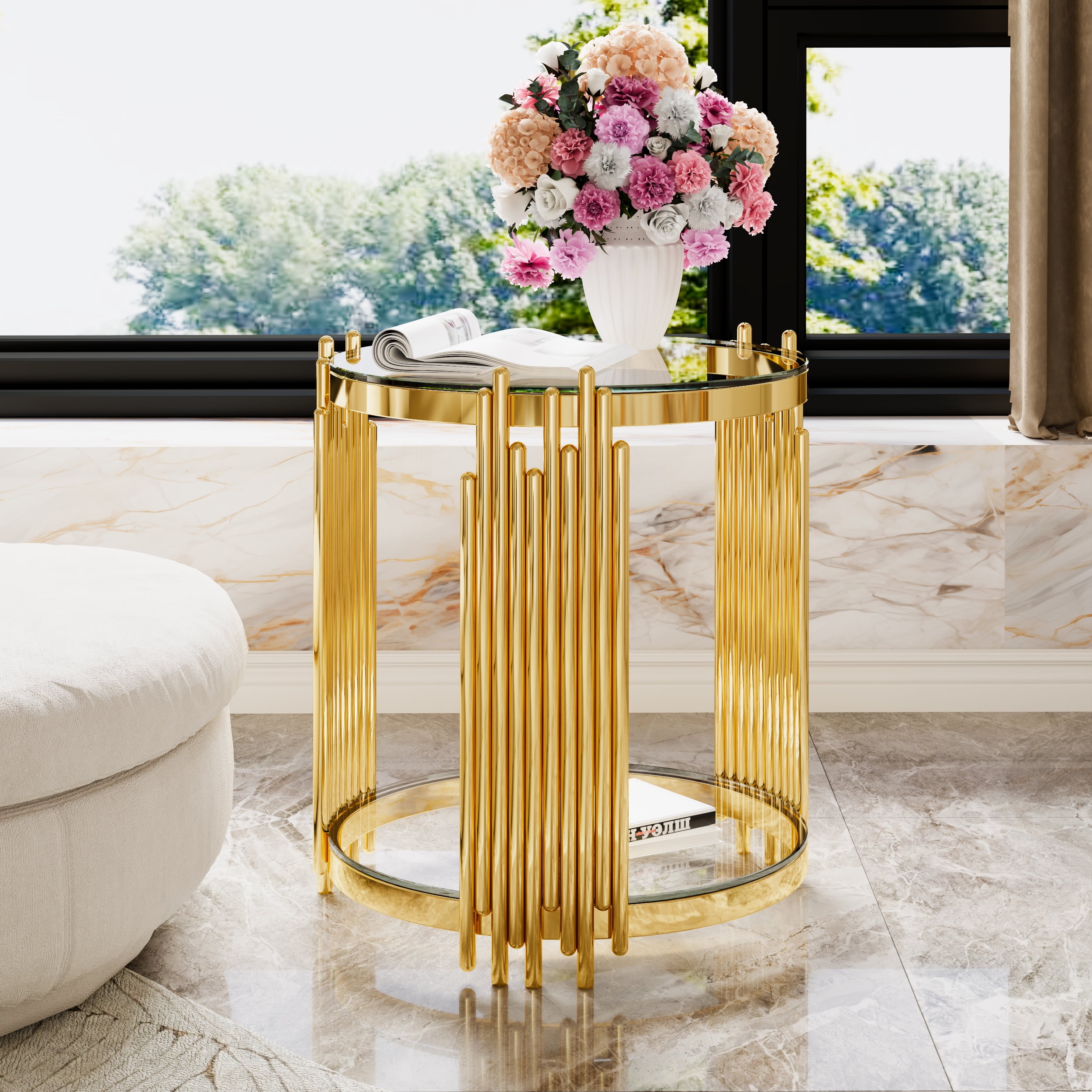 Euroco Modern Transparent Glass End Table for Living Room, Round, Asymmetrical Metal, Gold Finish & Lower Shelf, 19.8"